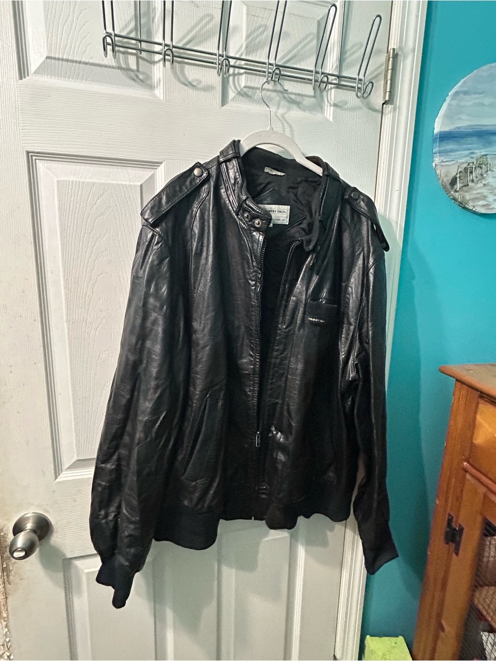 Members Only Black Leather Moto-Style Bomber Jacket